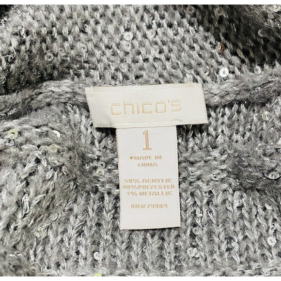 Chico's Size 1/M/8 Cowl Neck Sweater Silver Sequin Embellished Soft Gray Knit - Picture 4 of 13
